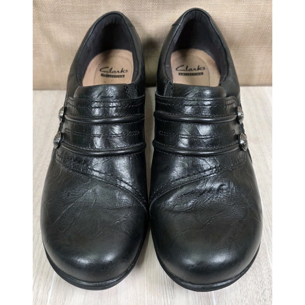 Clarks Collection Black Leather Wedge Loafers Button Accent Slip On Shoes Size 9